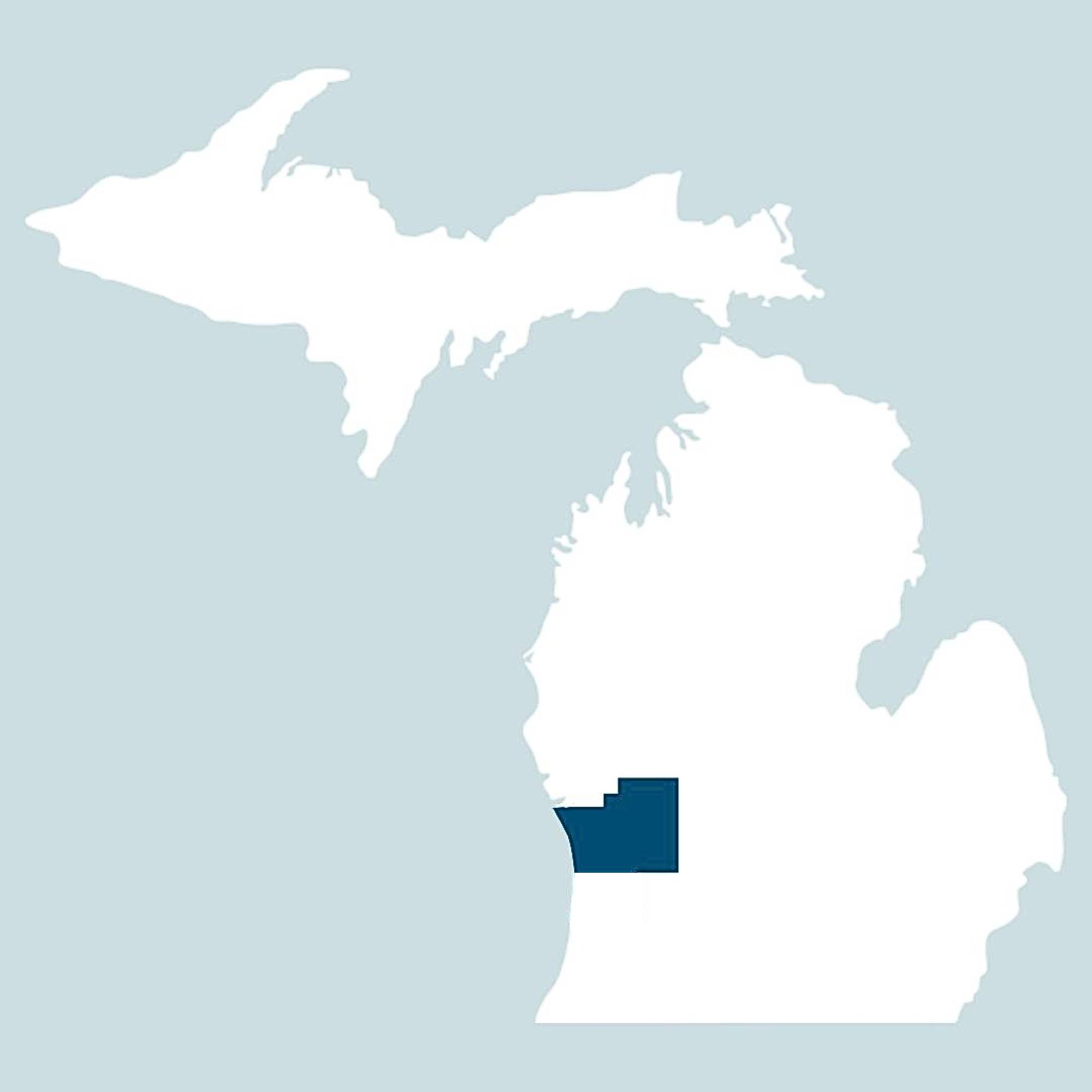 Michigan map, with Kent and Ottawa counties highlighted